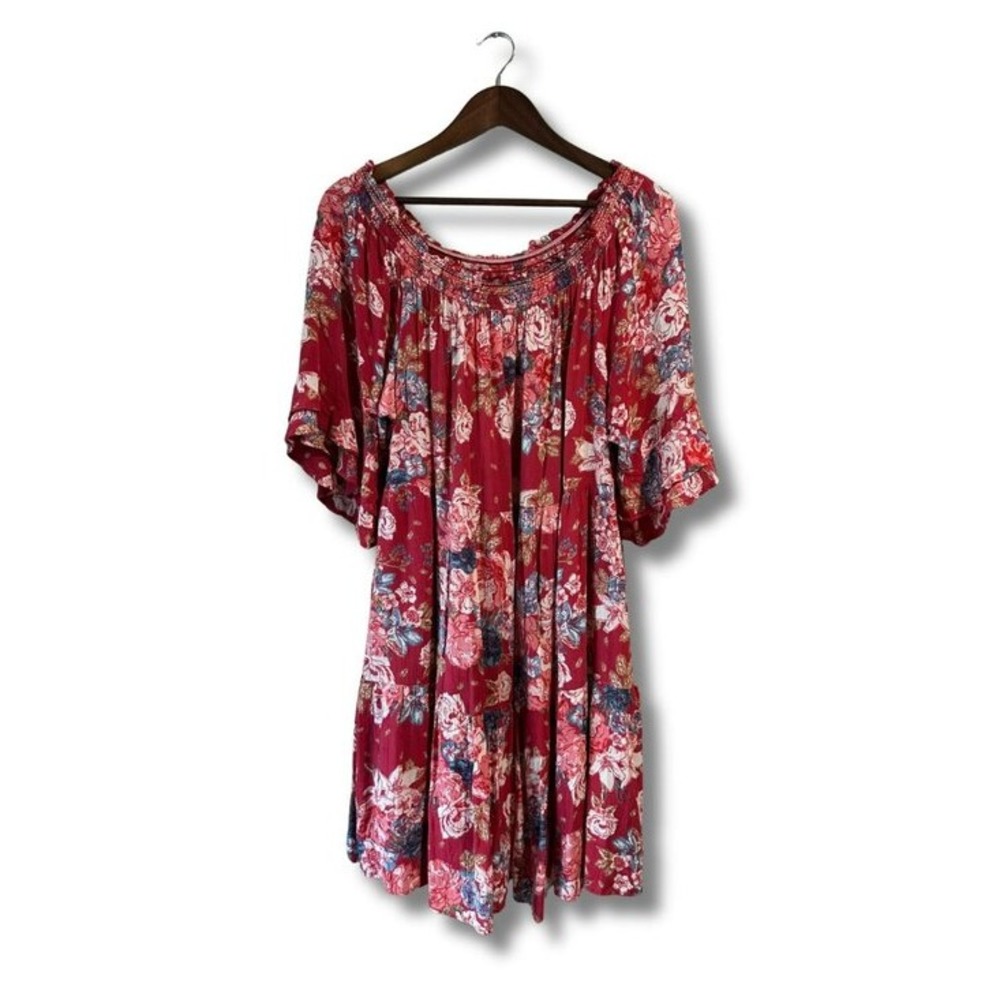Cottagecore Boho Floral Off-Shoulder Bell Sleeve Mini Dress Angie Red Tiered XL
